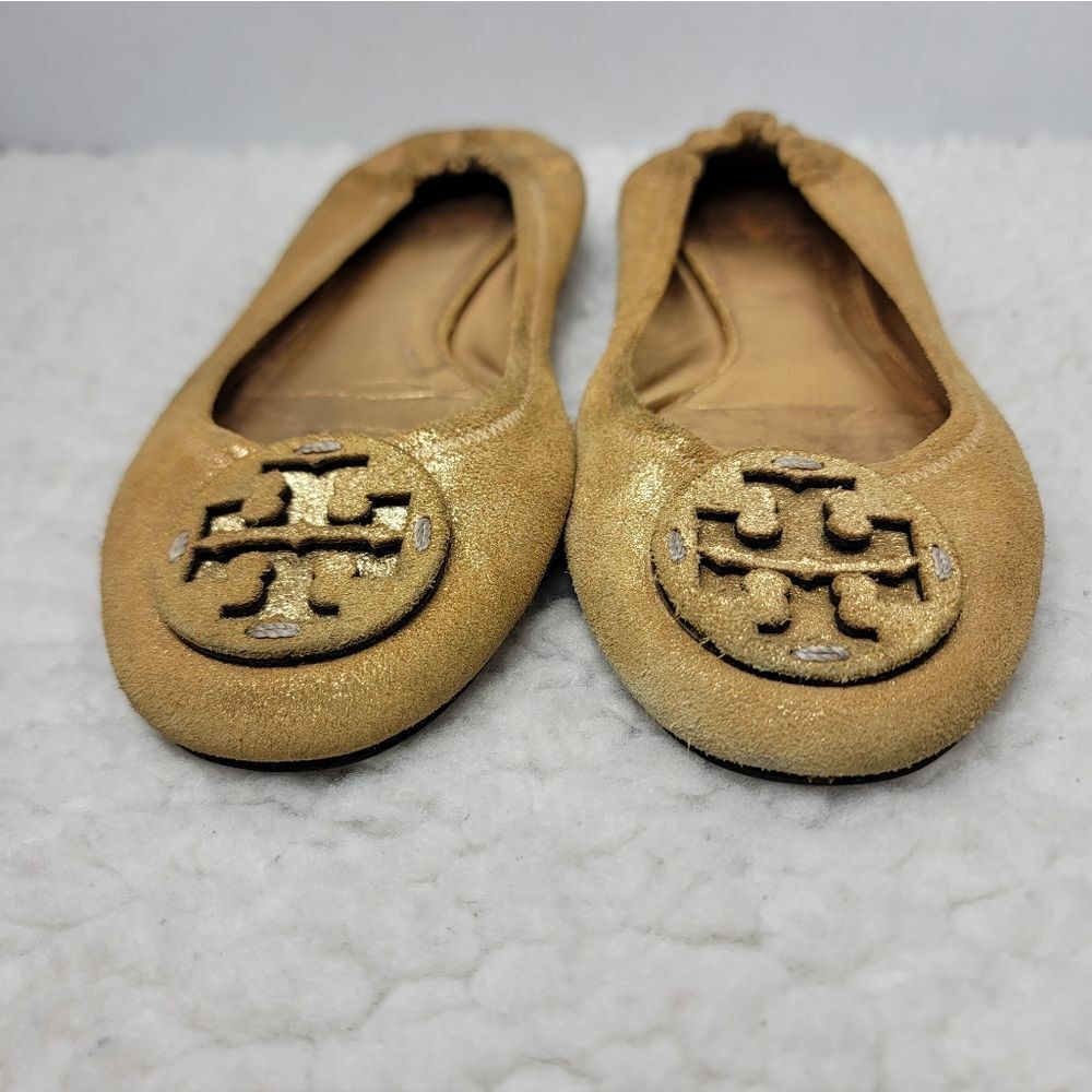 Tory Burch Reva Ballet Flats Women’s 10.5 Gold Metallic Leather Logo Shoes - Picture 2 of 13